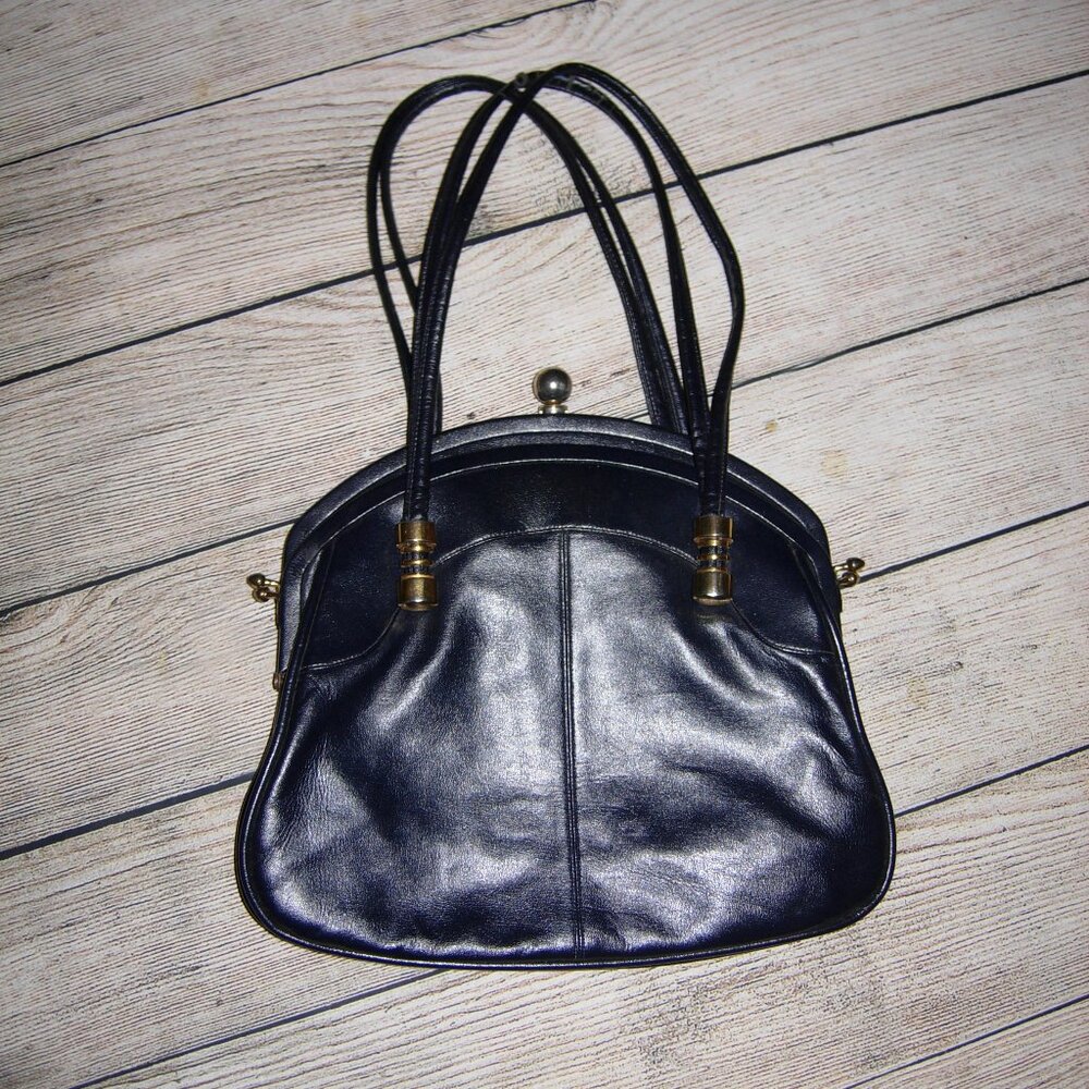 Vintage Lou Taylor Navy Handbag Swivel Mirror Kisslocks